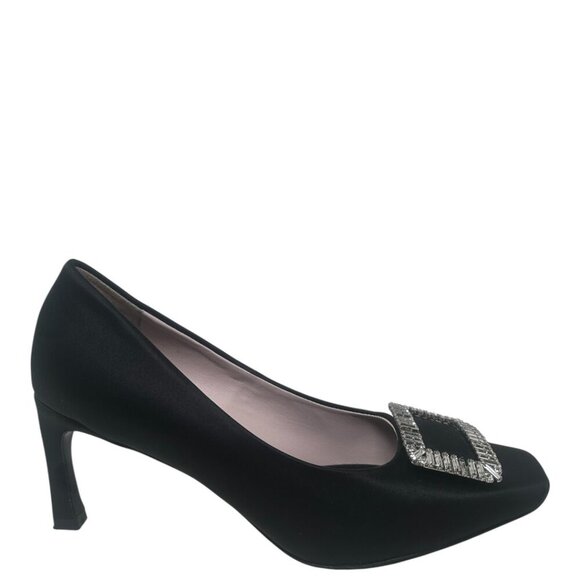 Roger Vivier Trompette Crystal Buckle Squared Toe Black Satin 70mm Pumps Size 11 - Picture 4 of 16